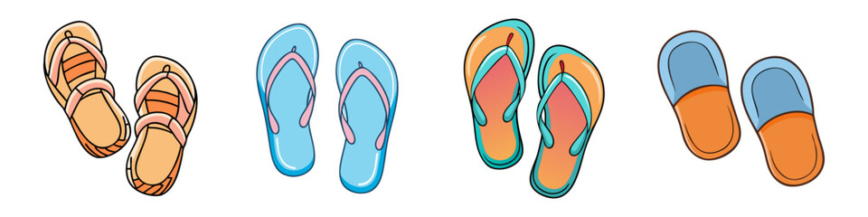 Illustration of Sandals, Flip-Flops, and Slippers - A vector illustration displaying four casual footwear styles: strappy sandals, flip-flops, and cozy slippers in colorful designs for everyday wear.