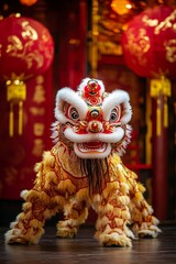 Lion Dance performers execute impressive acrobatic moves in colorful costumes, set against a festive backdrop of red and gold decorations, Chinese New Year celebration, Asian countries