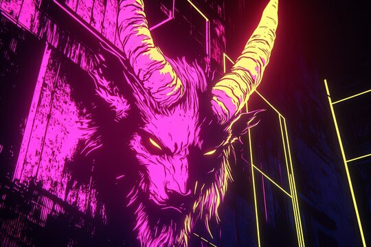 Fototapeta Neon-lit demonic goat head graffiti art on a grunge wall, vibrant pink and yellow hues.