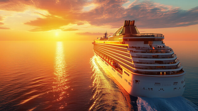 Cruzeiro de luxo navegando ao p&ocirc;r do sol em mar calmo