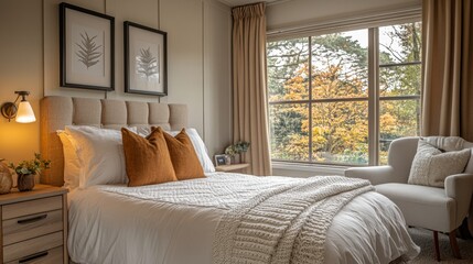 A serene bedroom showcases a neatly made bed with decorative pillows, soft blankets, and large windows revealing vibrant autumn foliage outside. The warm lighting creates a comforting atmosphere.