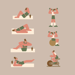 A woman exercising for her health. Abdominal exercise. Aerobic. Anaerobic. dumbbell. health club.