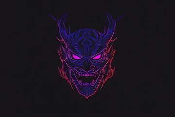 Fototapeta premium Oni mask illustration, neon pink and blue lines on black background, detailed design.