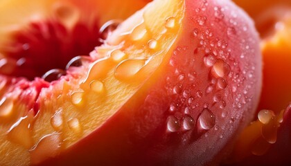 Close-up macro photography of a freshly sliced peach, highlighting the soft fuzz and vibrant orange tones of the fruit.
