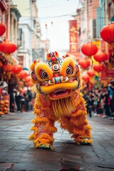 A vibrant Lion Dance performance takes place in a bustling market, with energetic performers captivating the audience, colorful costumes, lively atmosphere, excitement of the Chinese New Year, Taiwan