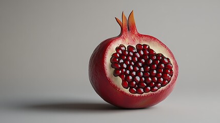 Close-up of a sliced pomegranate on a wooden board, with several loose seeds scattered on the table.