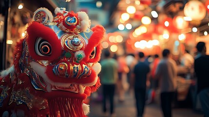 A vibrant Lion Dance performance takes place in a bustling market, with energetic performers captivating the audience, colorful costumes, lively atmosphere, excitement of the Chinese New Year, Taiwan