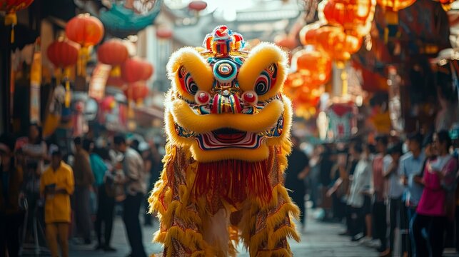 A vibrant Lion Dance performance takes place in a bustling market, with energetic performers captivating the audience, colorful costumes, lively atmosphere, excitement of the Chinese New Year, Taiwan