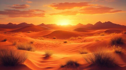 Naklejka premium Vibrant sunset over rolling sand dunes in a desert landscape.
