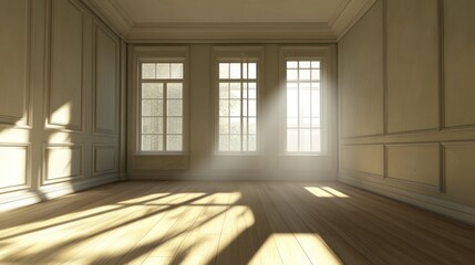 Sunlit Empty Room: Elegant Interior Design with Hardwood Floor and Large Windows