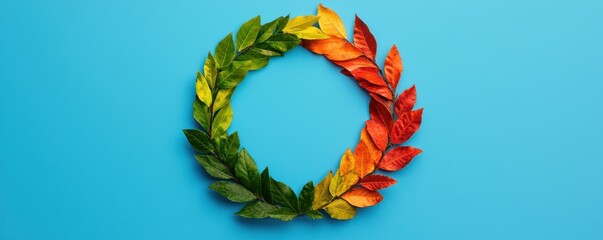 Obraz premium A vibrant wreath made of colorful leaves arranged in a circular pattern against a blue background.