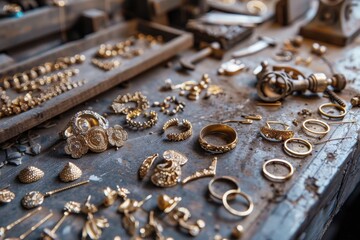 Golden Jewelry Workshop with Rings and Necklaces Displayed on Table