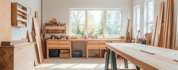 A bright, organized woodworking shop with wooden tools, storage, and natural light streaming through large windows.