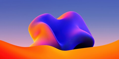 Fototapeta premium A vibrant, abstract shape in purple and orange hues rests on a smooth, sandy surface against a gradient sky.