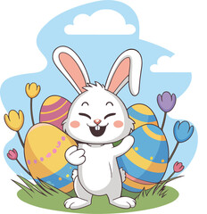 Funny and super cute Easter bunny eggs and flowers with happy smile vector art
