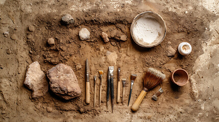 Archaeological excavation tools arranged on sandy ground, showcasing brushes, chisels, and containers for detailed dig
