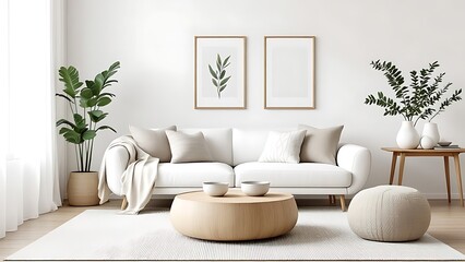 Round wood coffee table against white sofa. Scandinavian home interior design of modern living room.