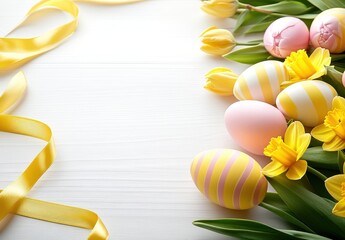 Colorful Easter Eggs and Fresh Flowers Arranged Beautifully on White Surface, Perfect for Spring Celebrations and Festive Decorations