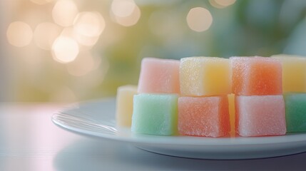 Close-up of colorful mochi arranged neatly on a white plate, with a soothing blurred bokeh background for a delicate aesthetic.