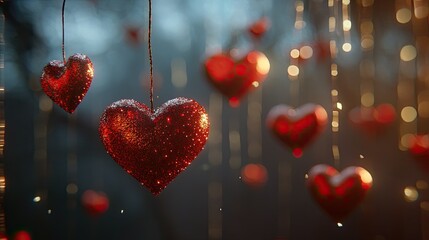 Glittering Red Hearts Hanging in a Dreamy Forest Background