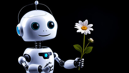 Cute robot with a flower in his hand with a black background