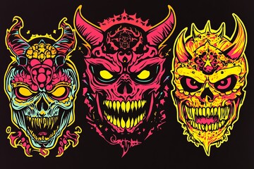 Three vibrant, stylized skull illustrations with devilish horns and glowing eyes, set against a dark background.