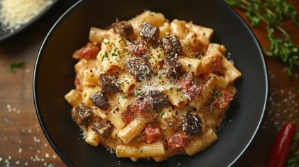 A bowl of creamy pasta with beef, tomatoes, and herbs, garnished with cheese.