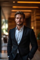 Confident young Caucasian man in a suit, exuding charm in a modern business setting.