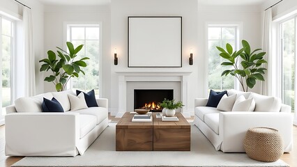 Fototapeta premium Art deco interior design of modern living room with fireplace.