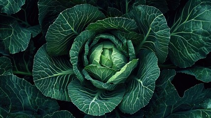 Obraz premium Fresh Cabbage in Garden Bed Surrounded by Green Leaves and Foliage