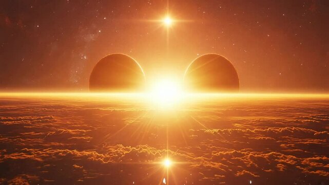 A stunning view of a binary star system, showcasing two stars orbiting each other, with their light casting beautiful reflections on a nearby planet's surface