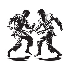 Judo Silhouette Vector Illustration, Solid White Background.