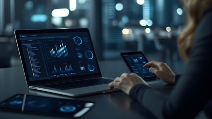 Woman Analyzing Data on Laptop and Tablet