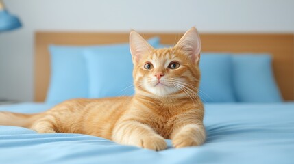 Playful cat relaxing on a cozy bed in a bright room lifestyle photography warm atmosphere