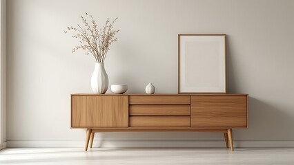 Scandinavian home interior design of modern living room. Rustic retro wooden sideboard and blank mock up frame on beige wall.