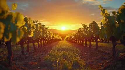 Naklejka premium Golden sunset over vineyard rows during harvest season in the countryside