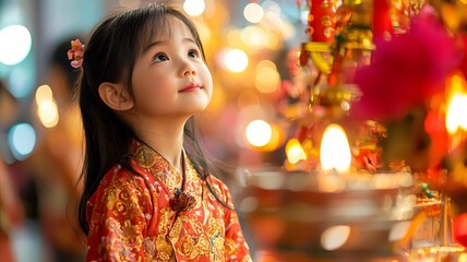 A Young Asian Girl Amid the Vibrant Chinese New Year Festival
