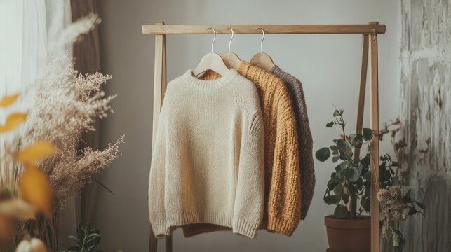 Cozy autumn sweaters hanging on a simple wooden rack beside potted plants. Clean and minimalist seasonal sale concept.