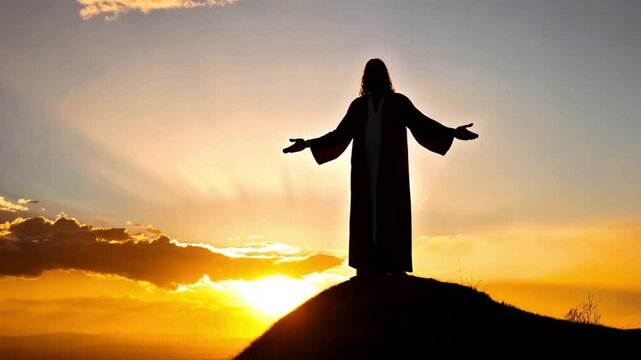 Jesus silhouette standing on the hill crest with sun and clouds behind him