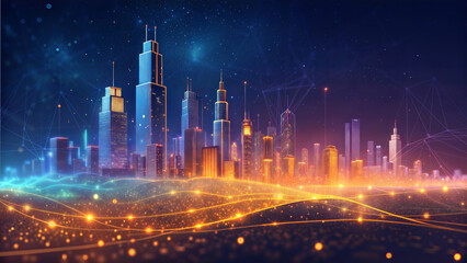 An urban business technology illustration. A digital illustration of a futuristic cityscape at night with a blend of abstract and luminescent elements. Connection and network concept