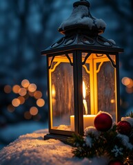 Warm Winter Lantern Lighting Up a Snowy Evening with Holiday Accents