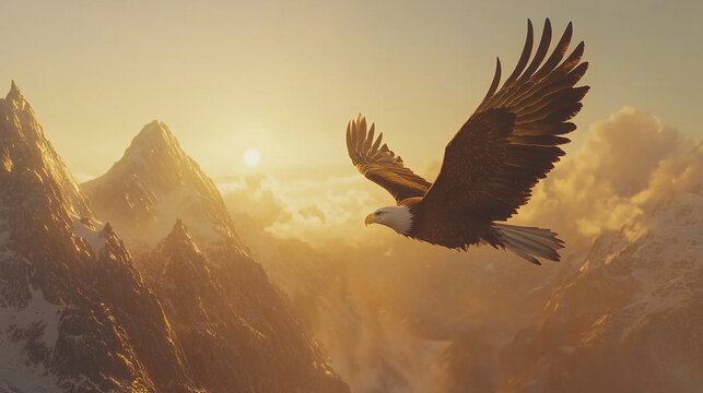 Wspaniały orzeł bielik w locie nad malowniczymi g&oacute;rami, uchwycony w momencie, gdy jego pi&oacute;ra lśnią w pierwszych promieniach wschodzącego słońca.