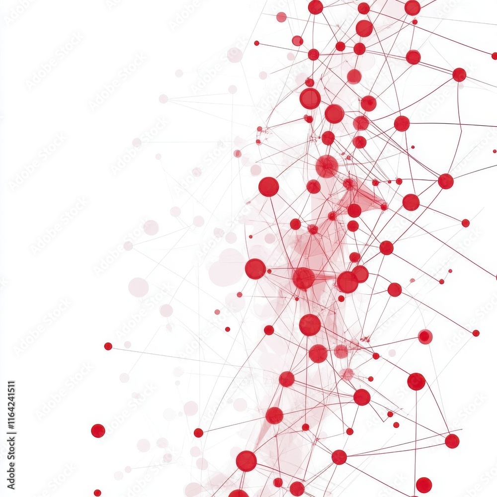 Poster abstract red and white network design featuring interconnected dots and lines, creating a dynamic vi