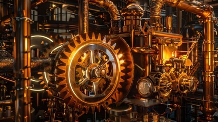 Steampunk Laboratory with Glowing Golden Gears and Intricate Details