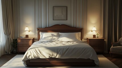 Elegant Bedroom Interior Design: Luxurious Master Suite with Wooden Furniture and Soft Lighting