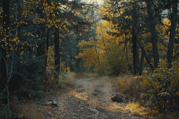 Obraz premium Serene Path Through Forest Bathed in Golden Autumn Light