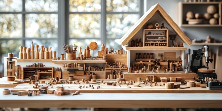 A detailed wooden model workshop with tools, equipment, and a miniature house, showcasing craftsmanship and creativity in a well-lit setting.