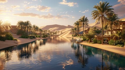 Serene Oasis Surrounded by Golden Sand Dunes at Sunset