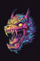 Fototapeta premium Vibrant, stylized illustration of a snarling, demonic wolf head with sharp teeth and horns, rendered in neon pink, blue, and yellow hues against a black background.