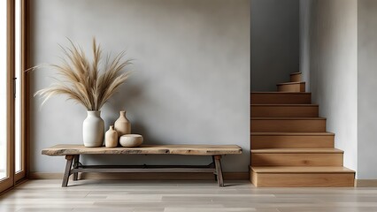 Loft interior design of modern entrance hall with staircase and rustic wooden bench near concrete wall with copy space.